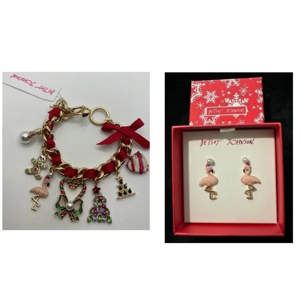 BETSEY JOHNSON SET Christmas Holiday Charm Bracelet & Flamingo Earrings NEW NWT
